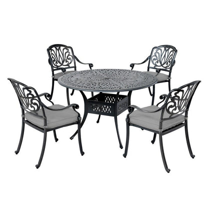 Ensemble de salle à manger rond 5 pièces en aluminium Saratoga avec coussins Sunbrella - Le meilleur du mobilier d'extérieur