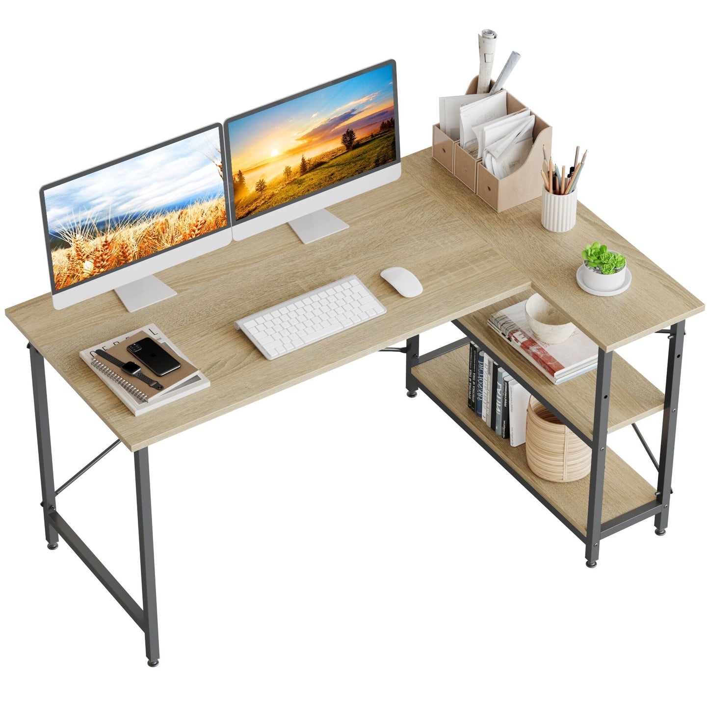 Petit bureau d'angle en forme de L avec étagères de rangement