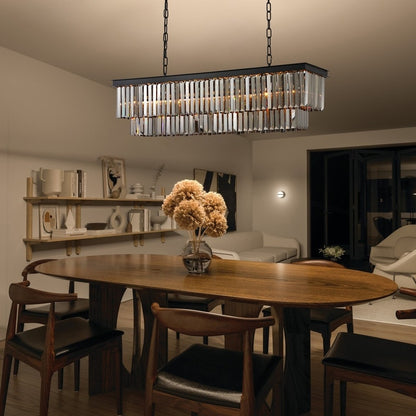 Lustre moderne contemporain en cristal gris fumé et noir à deux niveaux, suspension linéaire pour îlot de cuisine ou salle à manger, 119 cm (47 po).