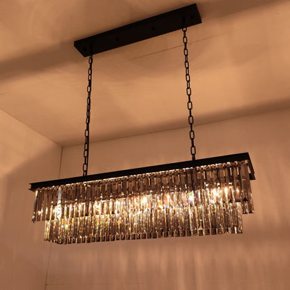 Lustre moderne contemporain en cristal gris fumé et noir à deux niveaux, suspension linéaire pour îlot de cuisine ou salle à manger, 119 cm (47 po).