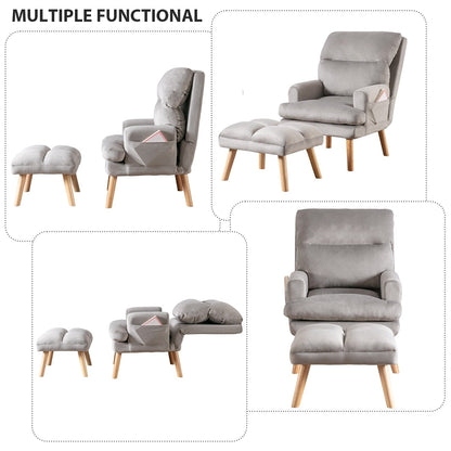 Fauteuil de salon décontracté en tissu souple avec dossier et pieds réglables, tabouret