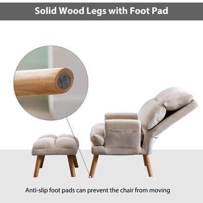 Fauteuil de salon décontracté en tissu souple avec dossier et pieds réglables, tabouret