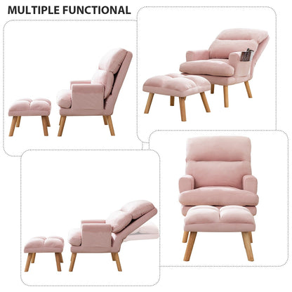 Fauteuil de salon décontracté en tissu souple avec dossier et pieds réglables, tabouret