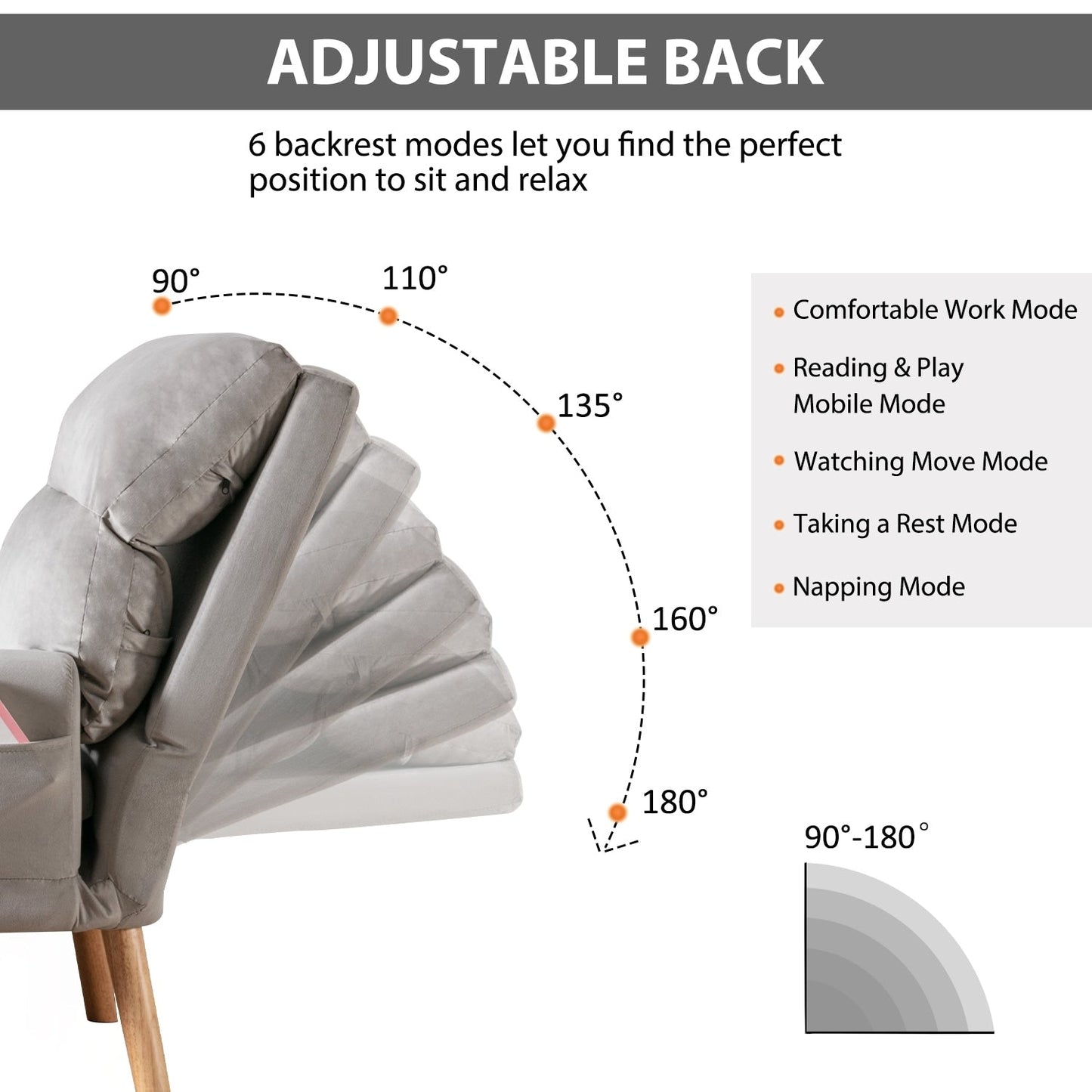 Fauteuil de salon décontracté en tissu souple avec dossier et pieds réglables, tabouret