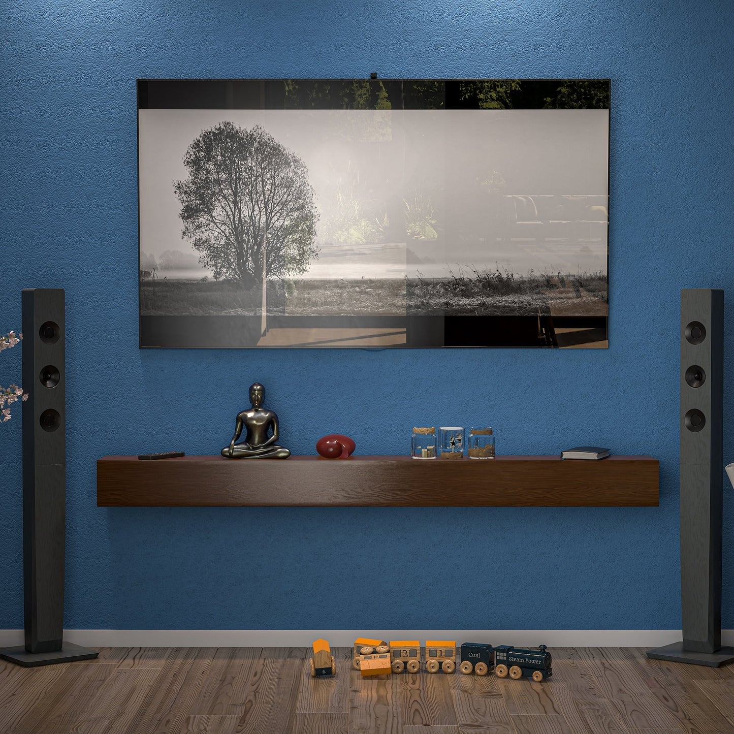 Cheminée murale en pin massif avec étagère flottante