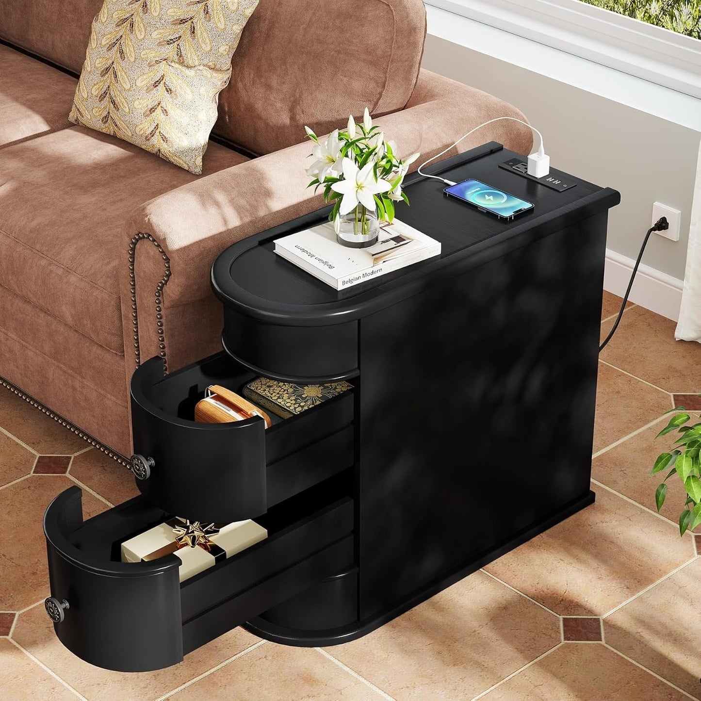 Table d'appoint en bois massif, table d'appoint étroite à deux tiroirs