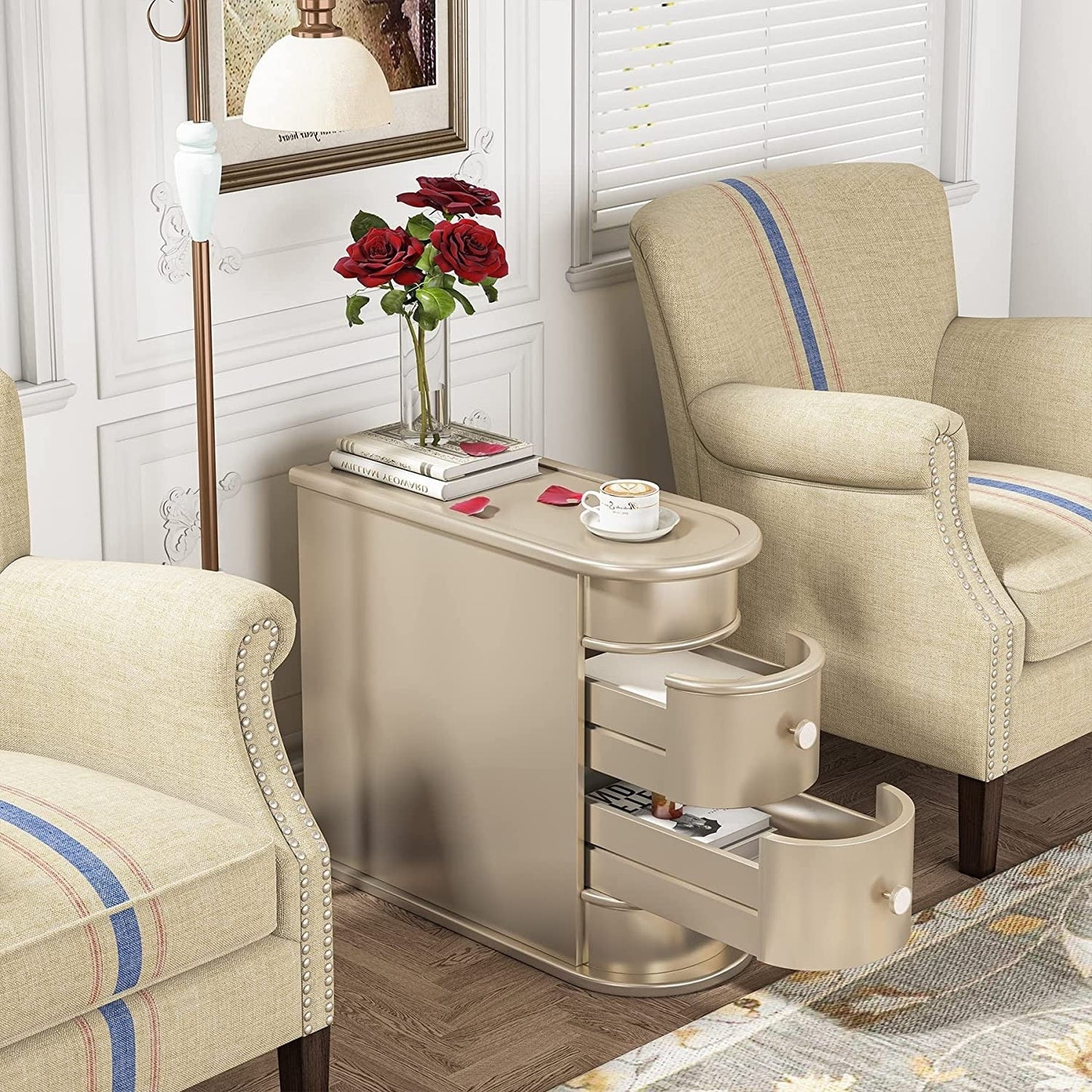 Table d'appoint en bois massif, table d'appoint étroite à deux tiroirs