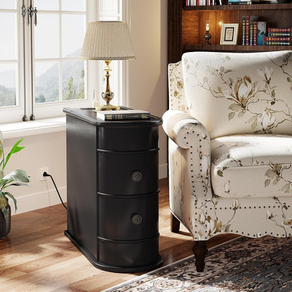 Table d'appoint en bois massif, table d'appoint étroite à deux tiroirs