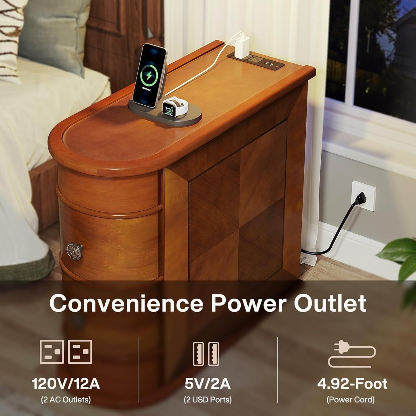 Table d'appoint en bois massif, table d'appoint étroite à deux tiroirs