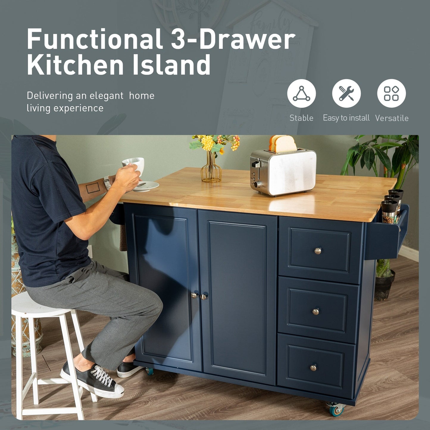 Chariot de cuisine Sophia &amp; William avec plateau rabattable en bois d'hévéa, chariot de cuisine roulant avec grand meuble de rangement