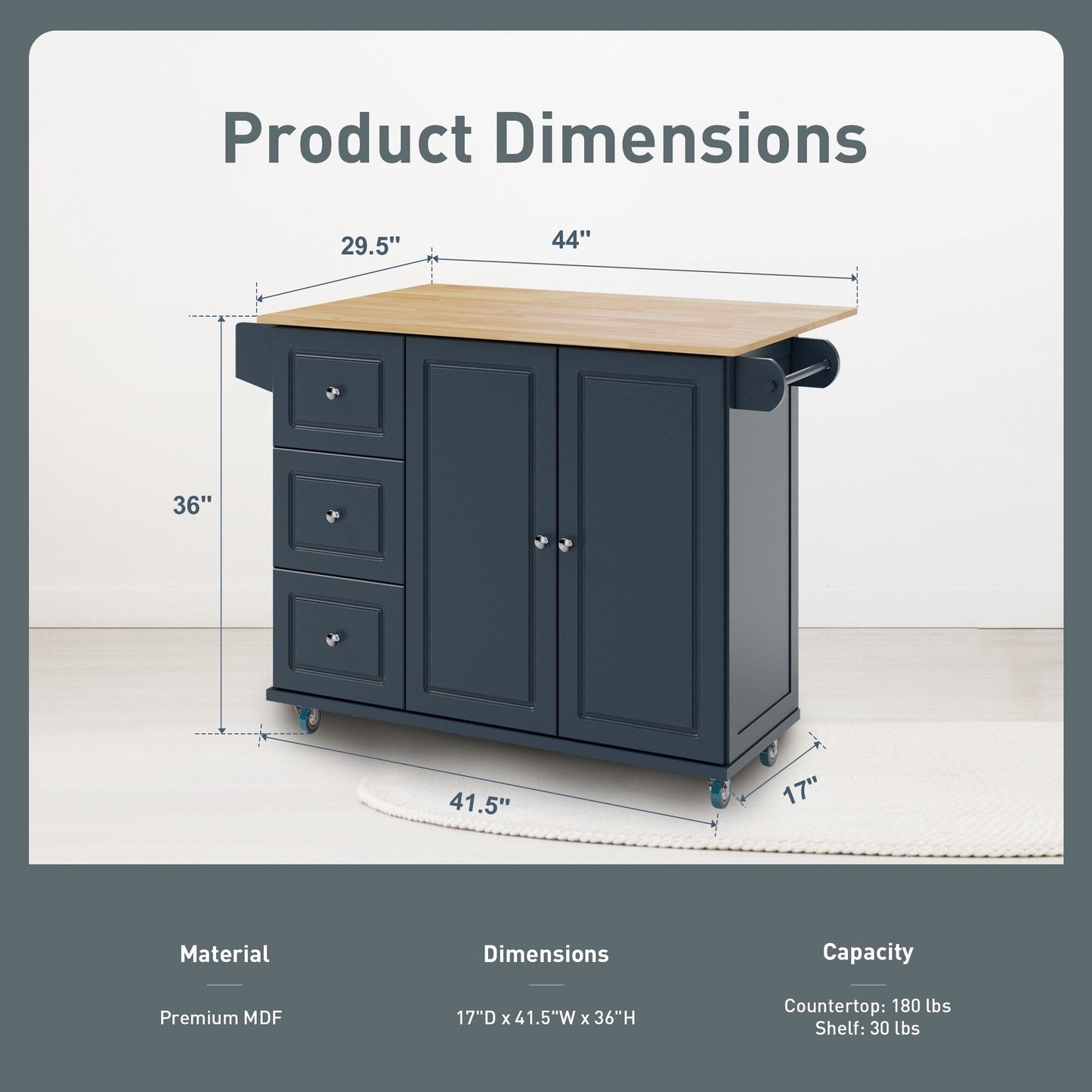 Chariot de cuisine Sophia &amp; William avec plateau rabattable en bois d'hévéa, chariot de cuisine roulant avec grand meuble de rangement