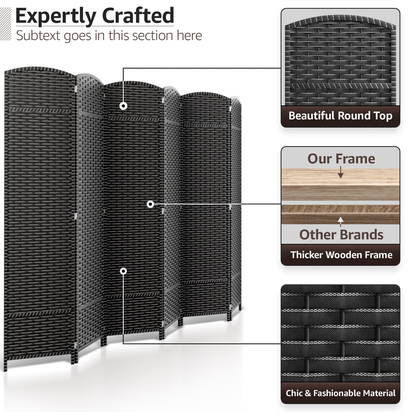 Paravent Sorbus à 6 panneaux, cloison de séparation haute et extra large, à double charnière, en maille tissée à la main, pliable - 1,83 m