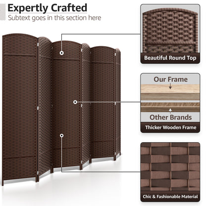 Paravent Sorbus à 6 panneaux, cloison de séparation haute et extra large, à double charnière, en maille tissée à la main, pliable - 1,83 m