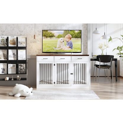 Meuble élégant en bois pour cage de transport pour chien avec rangement et 3 tiroirs