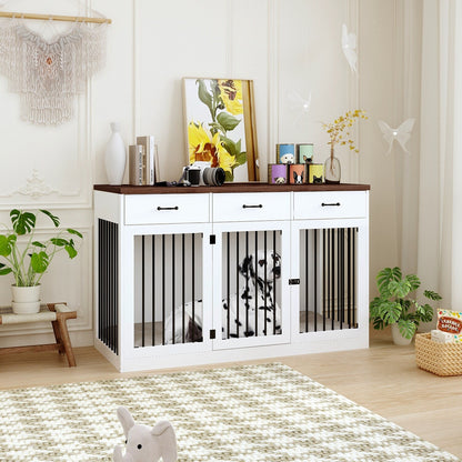 Meuble élégant en bois pour cage de transport pour chien avec rangement et 3 tiroirs