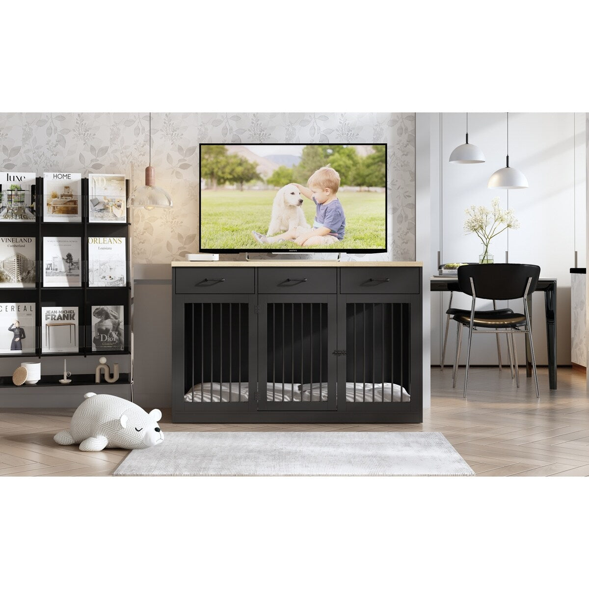 Meuble élégant en bois pour cage de transport pour chien avec rangement et 3 tiroirs