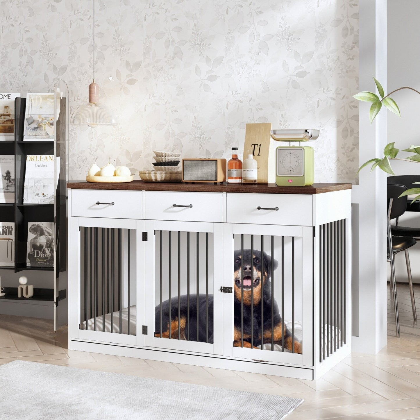 Meuble élégant en bois pour cage de transport pour chien avec rangement et 3 tiroirs