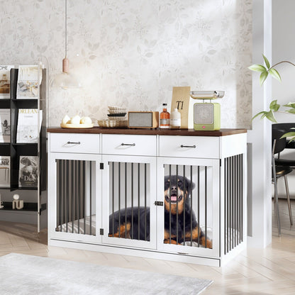 Meuble élégant en bois pour cage de transport pour chien avec rangement et 3 tiroirs