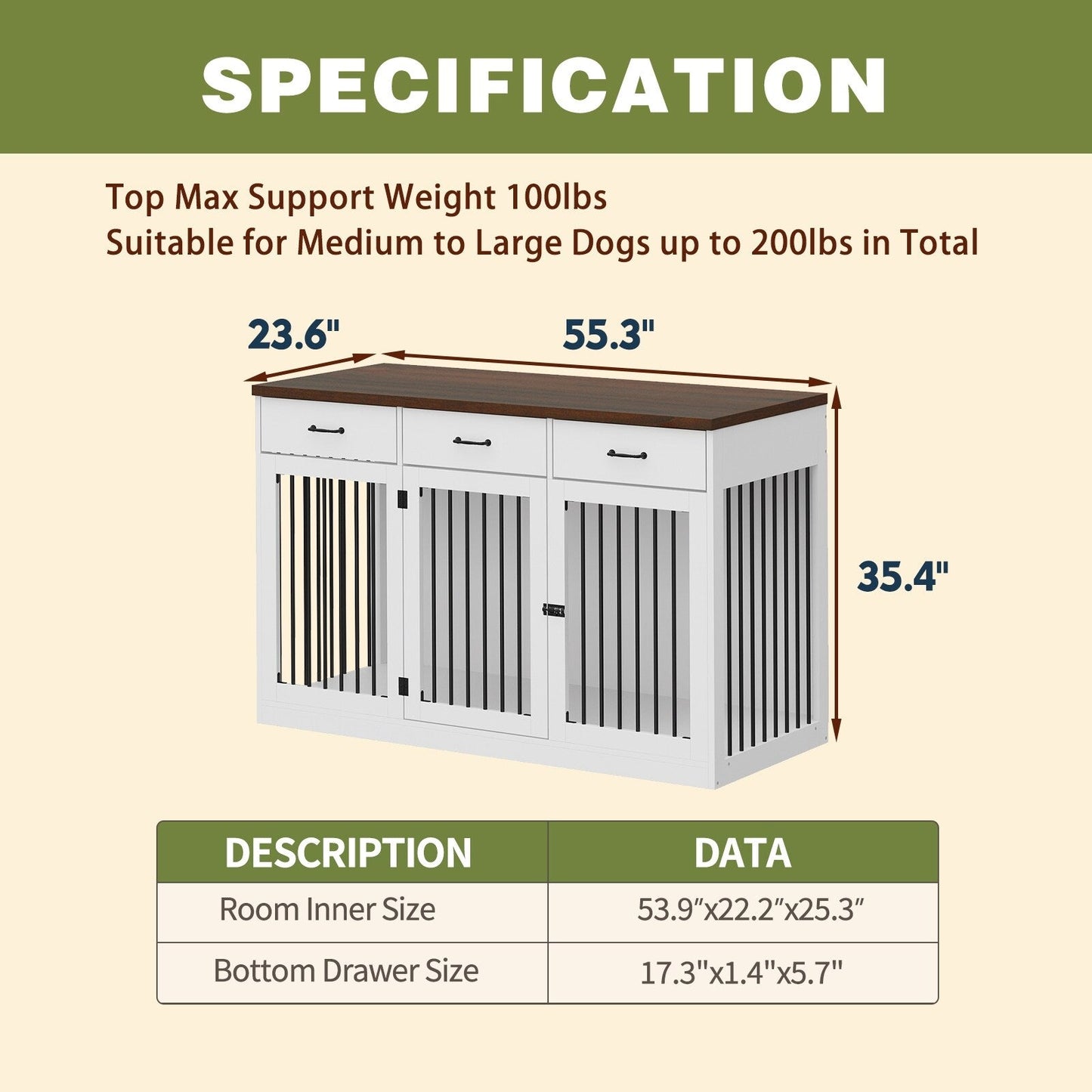 Meuble élégant en bois pour cage de transport pour chien avec rangement et 3 tiroirs