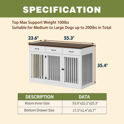 Meuble élégant en bois pour cage de transport pour chien avec rangement et 3 tiroirs