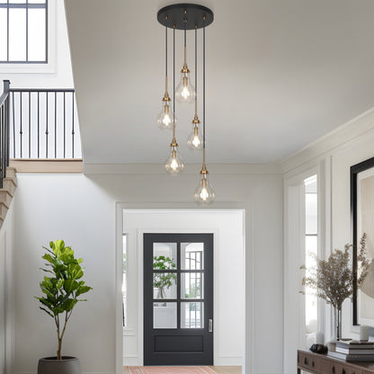 Lustre moderne Synia à 5 lumières en verre en forme de larme, suspension pour escalier ou entrée, pour plafonds hauts - D15'' x H18,2-74,2''