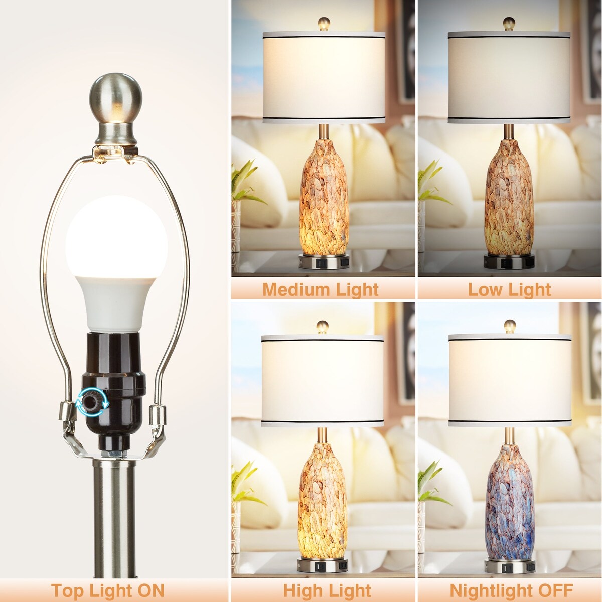 Lampe de table avec veilleuse 2 en 1, corps de lampe en verre indigo, ports de chargement, prise secteur, abat-jour cylindrique, interrupteur tactile à variation d'intensité (lot de 2)