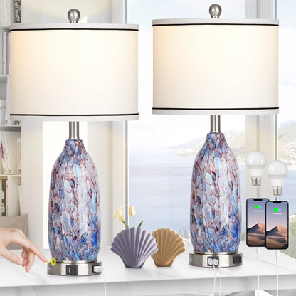 Lampe de table avec veilleuse 2 en 1, corps de lampe en verre indigo, ports de chargement, prise secteur, abat-jour cylindrique, interrupteur tactile à variation d'intensité (lot de 2)