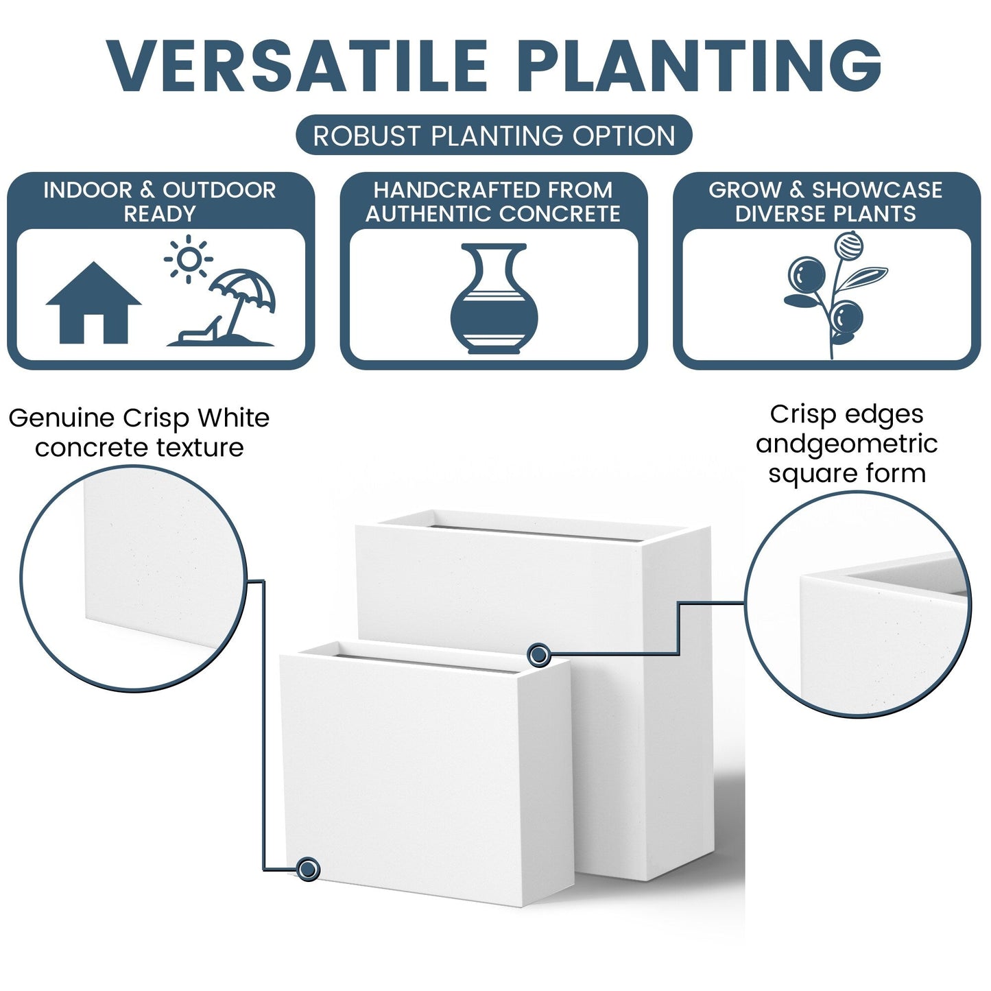 Jardinières rectangulaires hautes en béton / Grands bacs à fleurs d'intérieur et d'extérieur