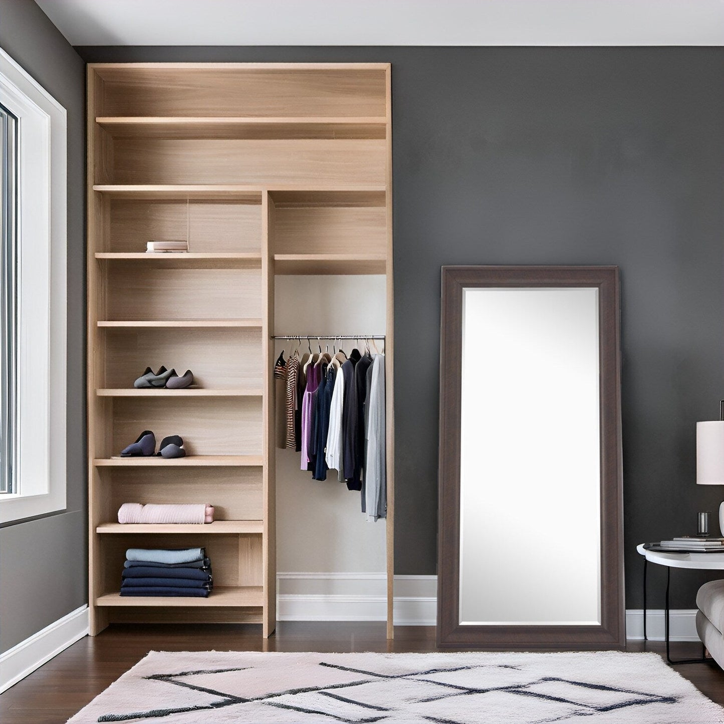 Miroir haut, miroir surdimensionné, cadre en imitation bois lisse, miroir rectangulaire mural