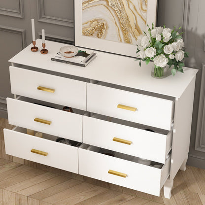 Commode double Timechee à 6 tiroirs, 120 cm de large, pieds en bois massif, finition laquée.