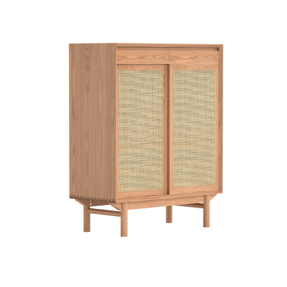 Buffet Torii / Portes en rotin tressé et plateau en verre