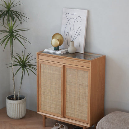 Buffet Torii / Portes en rotin tressé et plateau en verre