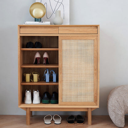 Buffet Torii / Portes en rotin tressé et plateau en verre