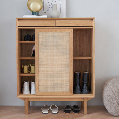 Buffet Torii / Portes en rotin tressé et plateau en verre