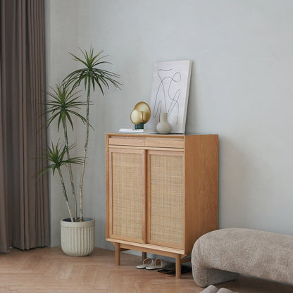 Buffet Torii / Portes en rotin tressé et plateau en verre