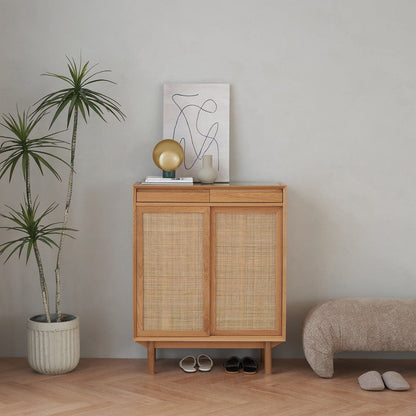 Buffet Torii / Portes en rotin tressé et plateau en verre