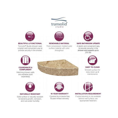 Siège de douche d'angle mural en surface solide Transolid Studio 14 po x 14 po - 14,5 po x 14,25 po x 3 po