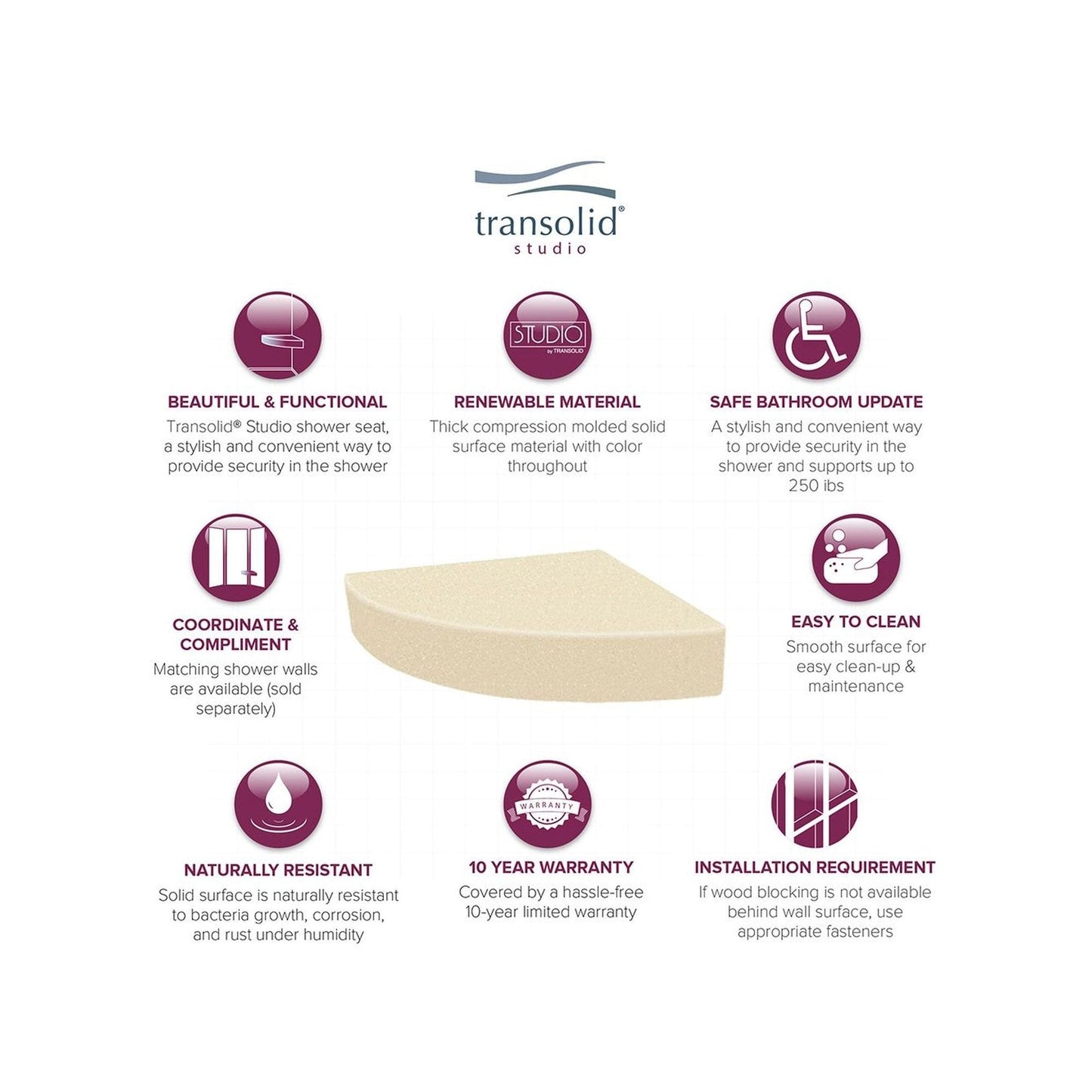 Siège de douche d'angle mural en surface solide Transolid Studio 14 po x 14 po - 14,5 po x 14,25 po x 3 po