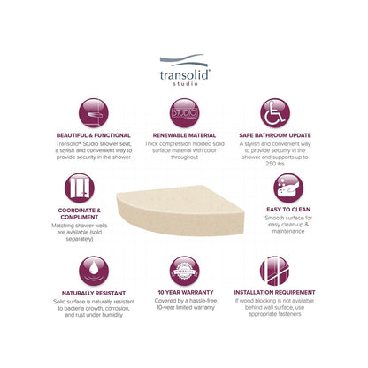 Siège de douche d'angle mural en surface solide Transolid Studio 14 po x 14 po - 14,5 po x 14,25 po x 3 po