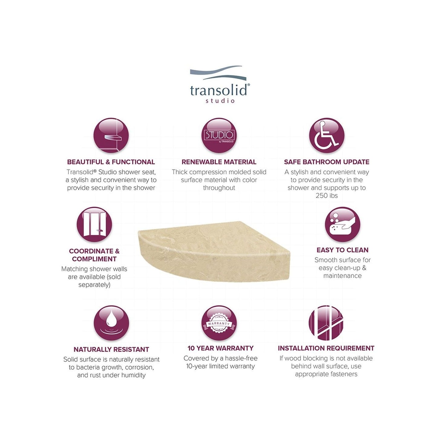 Siège de douche d'angle mural en surface solide Transolid Studio 14 po x 14 po - 14,5 po x 14,25 po x 3 po