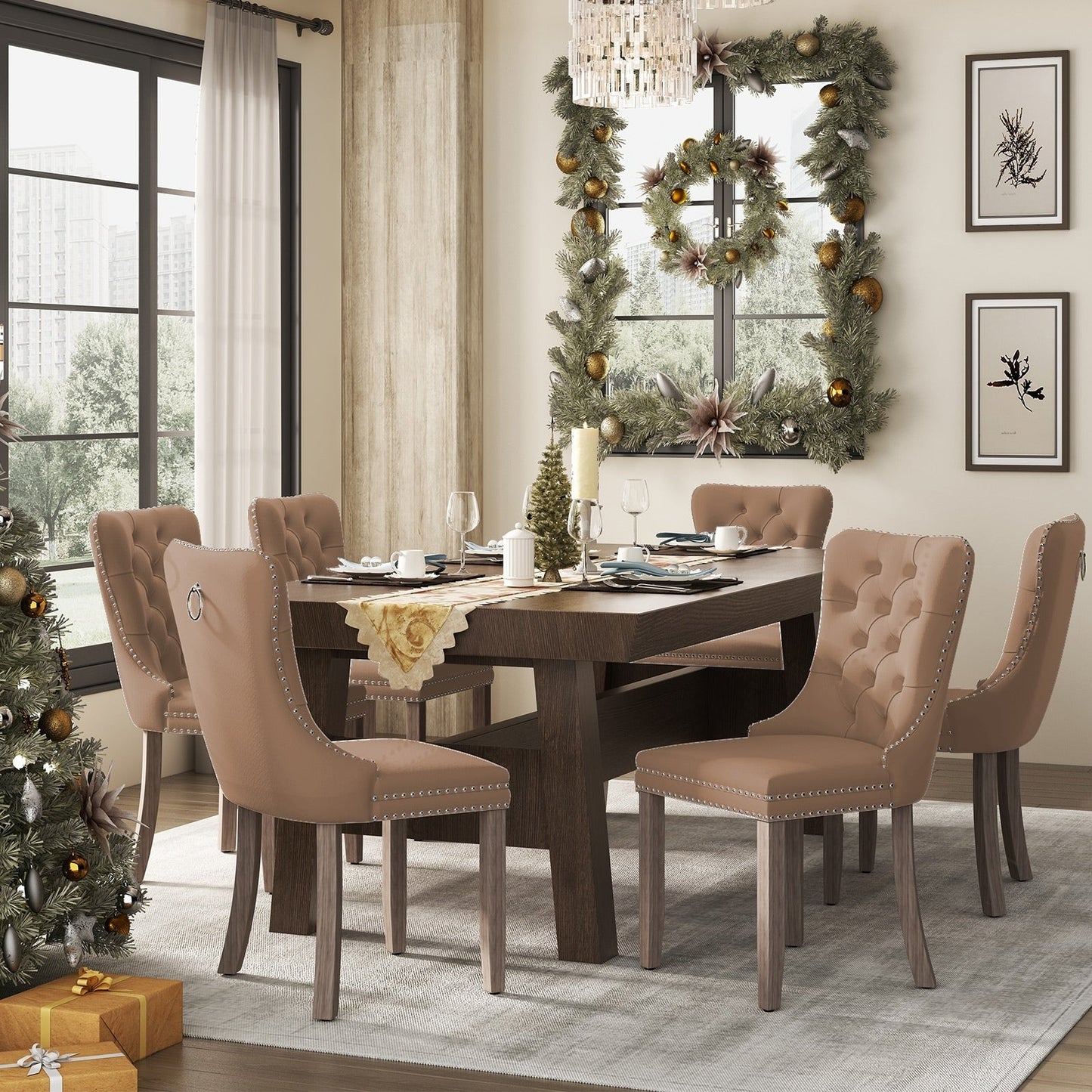 Ensemble de 6 chaises de salle à manger capitonnées en velours avec pieds en bois massif