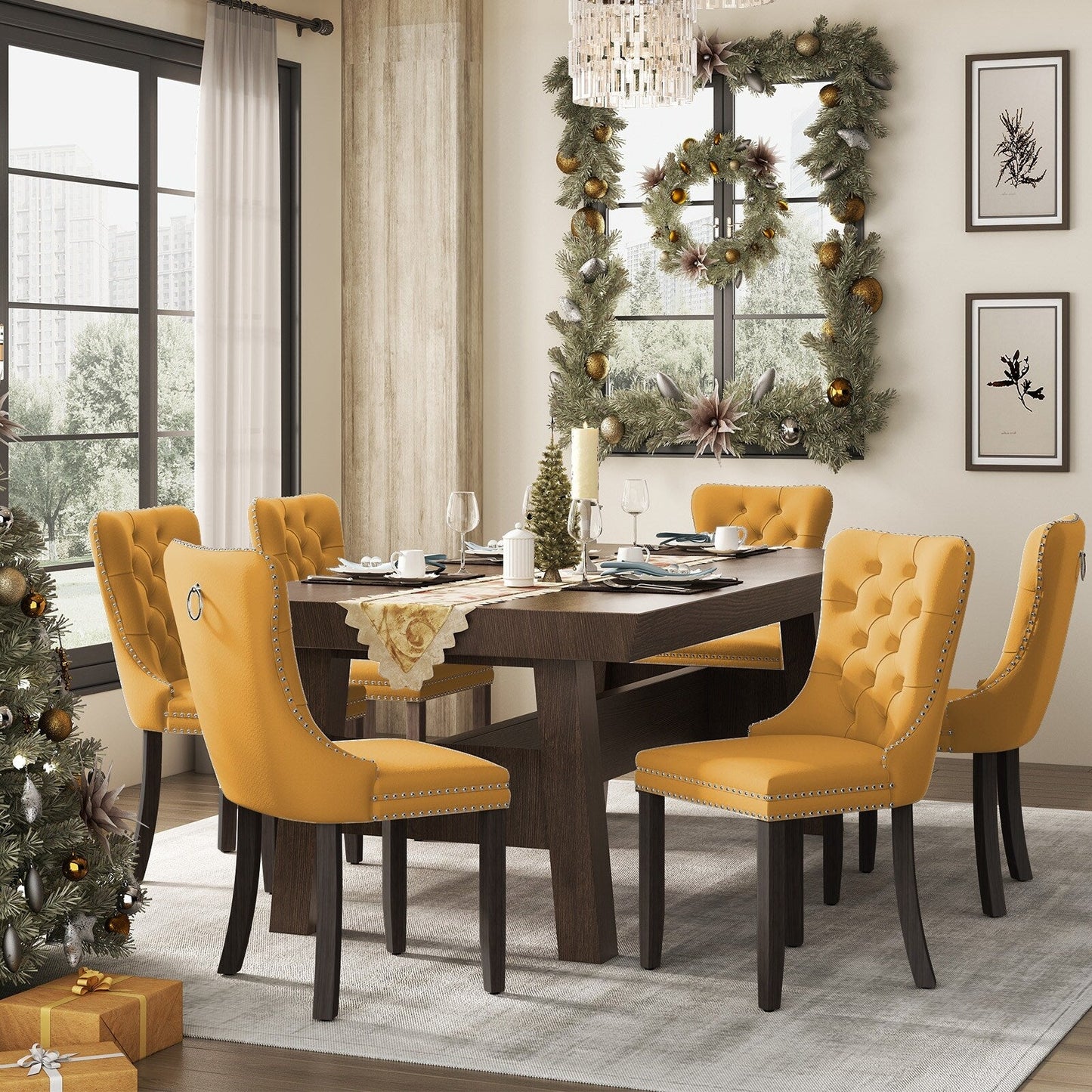 Ensemble de 6 chaises de salle à manger capitonnées en velours avec pieds en bois massif