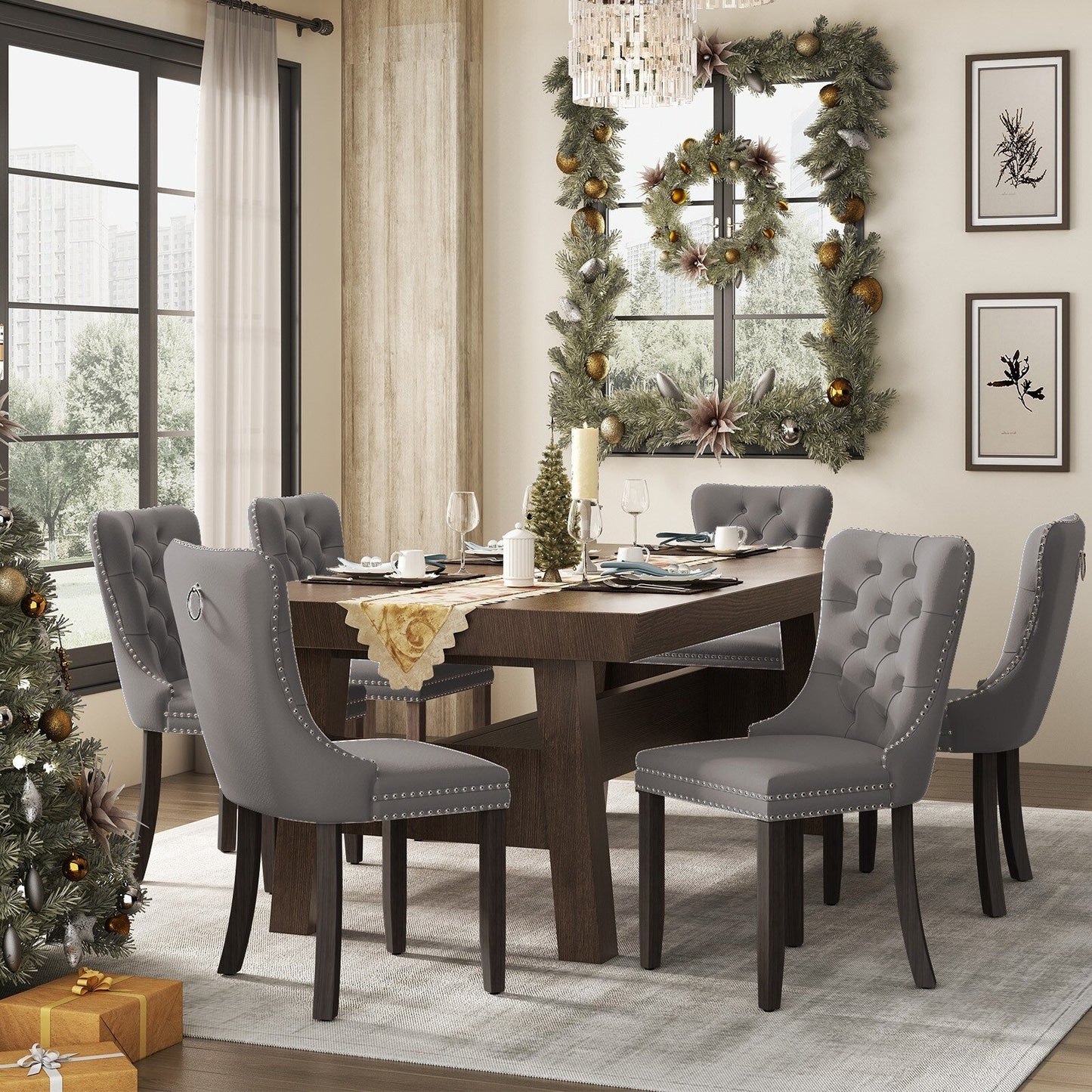 Ensemble de 6 chaises de salle à manger capitonnées en velours avec pieds en bois massif