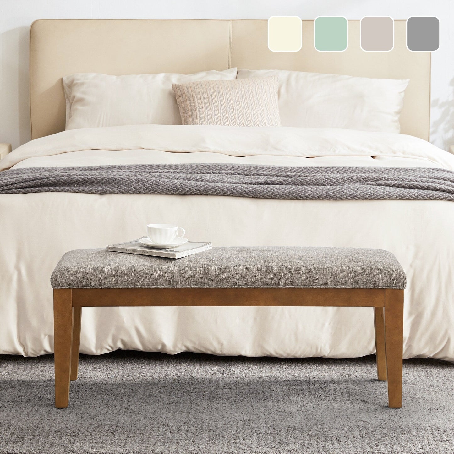 Banc d'entrée rembourré en tissu, banc de chambre à coucher pour pied de lit, beige, bois massif, 112 cm (44 pouces).