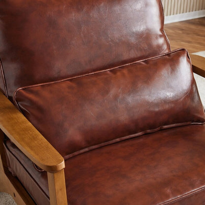 Fauteuil d'appoint beige en lin mélangé, pieds en bois et un coussin.