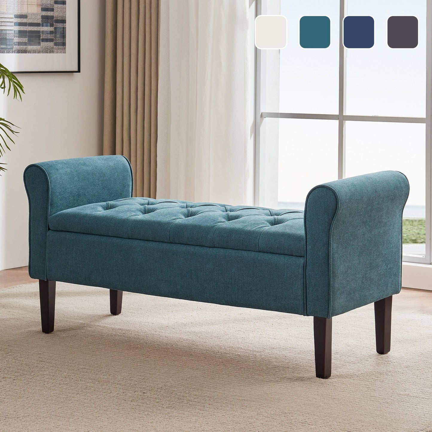 Banc de rangement rembourré avec accoudoirs et dossier capitonné rabattable, 128 cm (50,4 pouces).