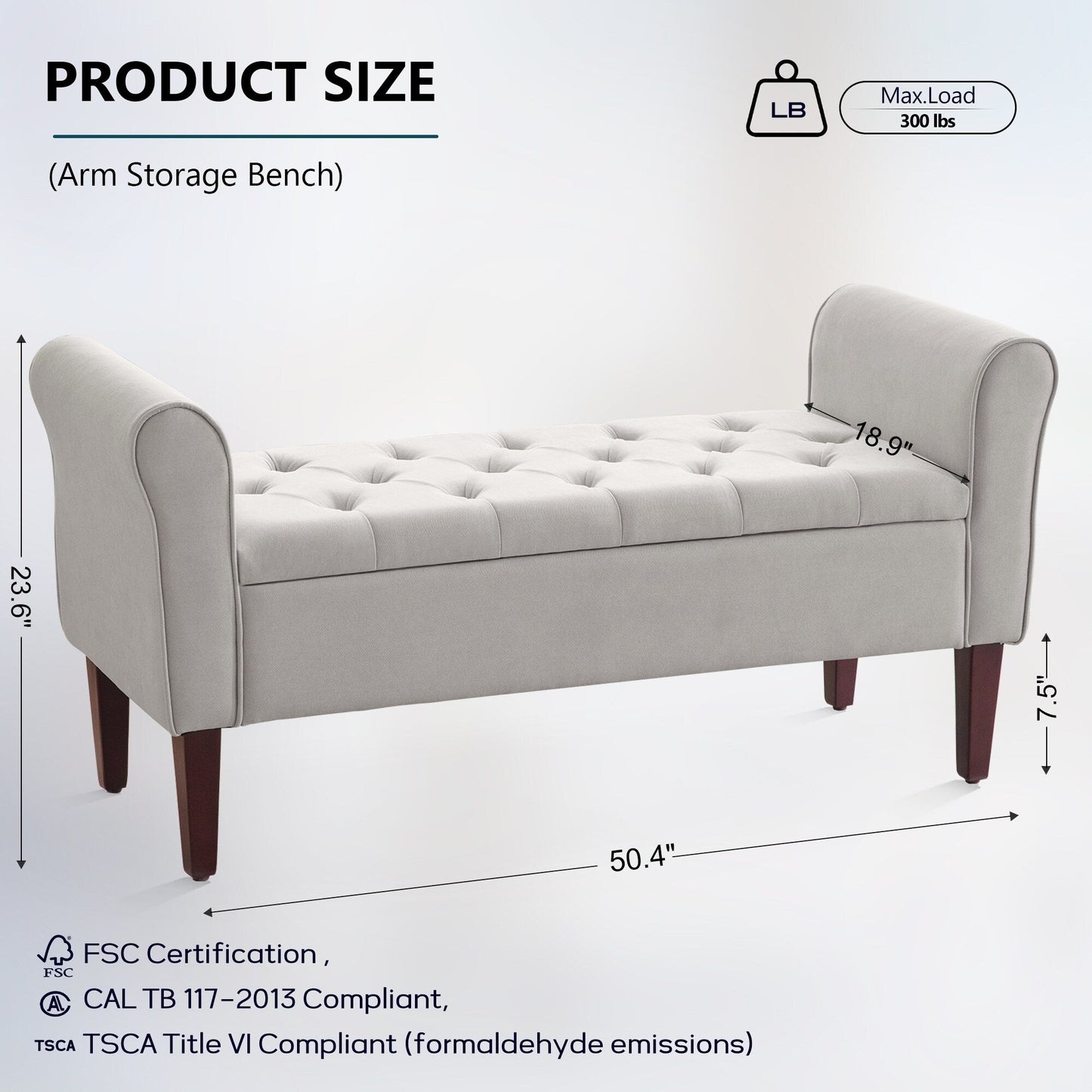 Banc de rangement rembourré avec accoudoirs et dossier capitonné rabattable, 128 cm (50,4 pouces).