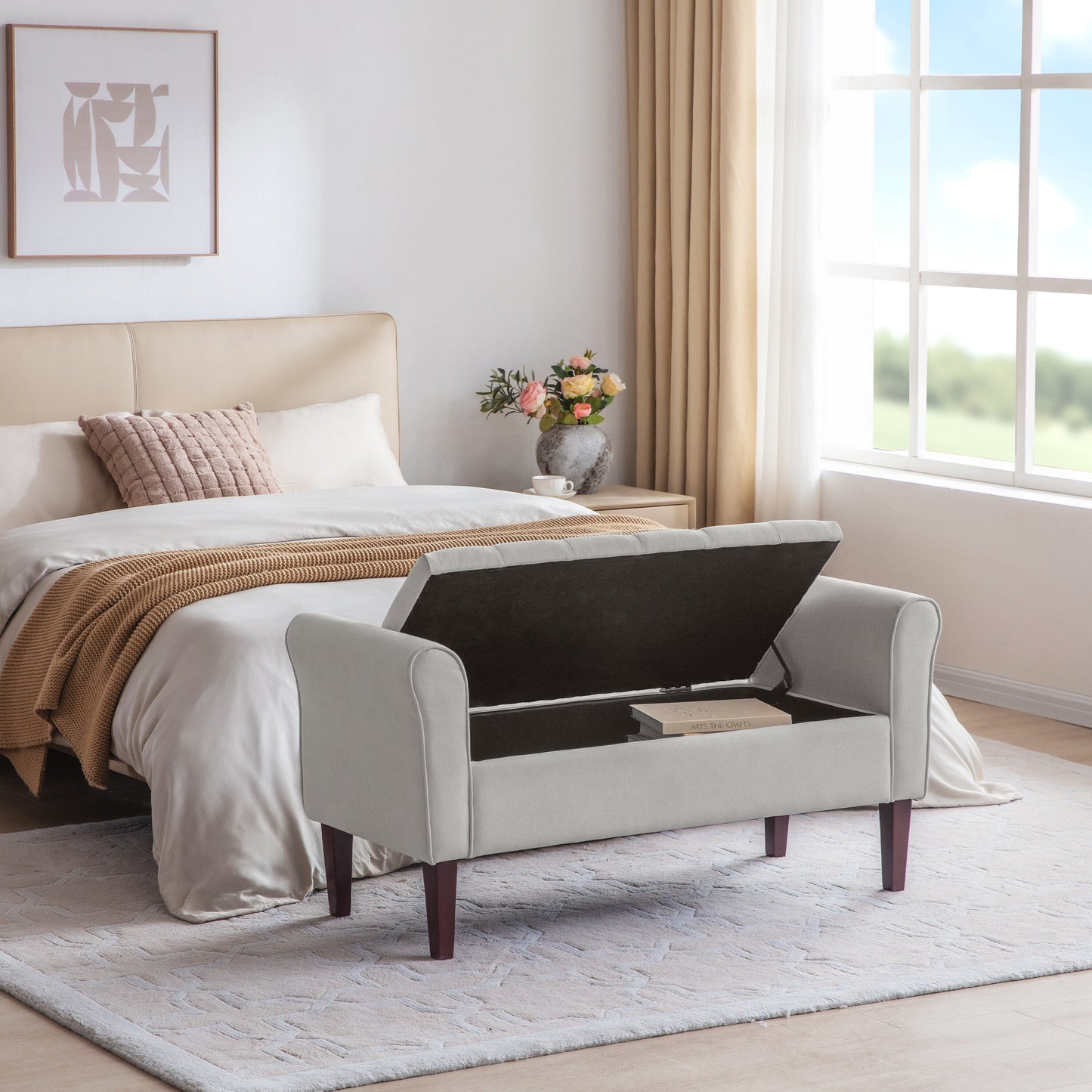 Banc de rangement rembourré avec accoudoirs et dossier capitonné rabattable, 128 cm (50,4 pouces).