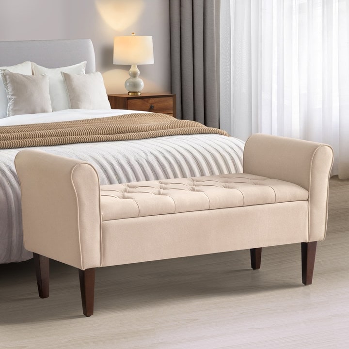 Banc de rangement rembourré avec accoudoirs et dossier capitonné rabattable, 128 cm (50,4 pouces).