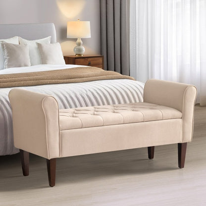 Banc de rangement rembourré avec accoudoirs et dossier capitonné rabattable, 128 cm (50,4 pouces).